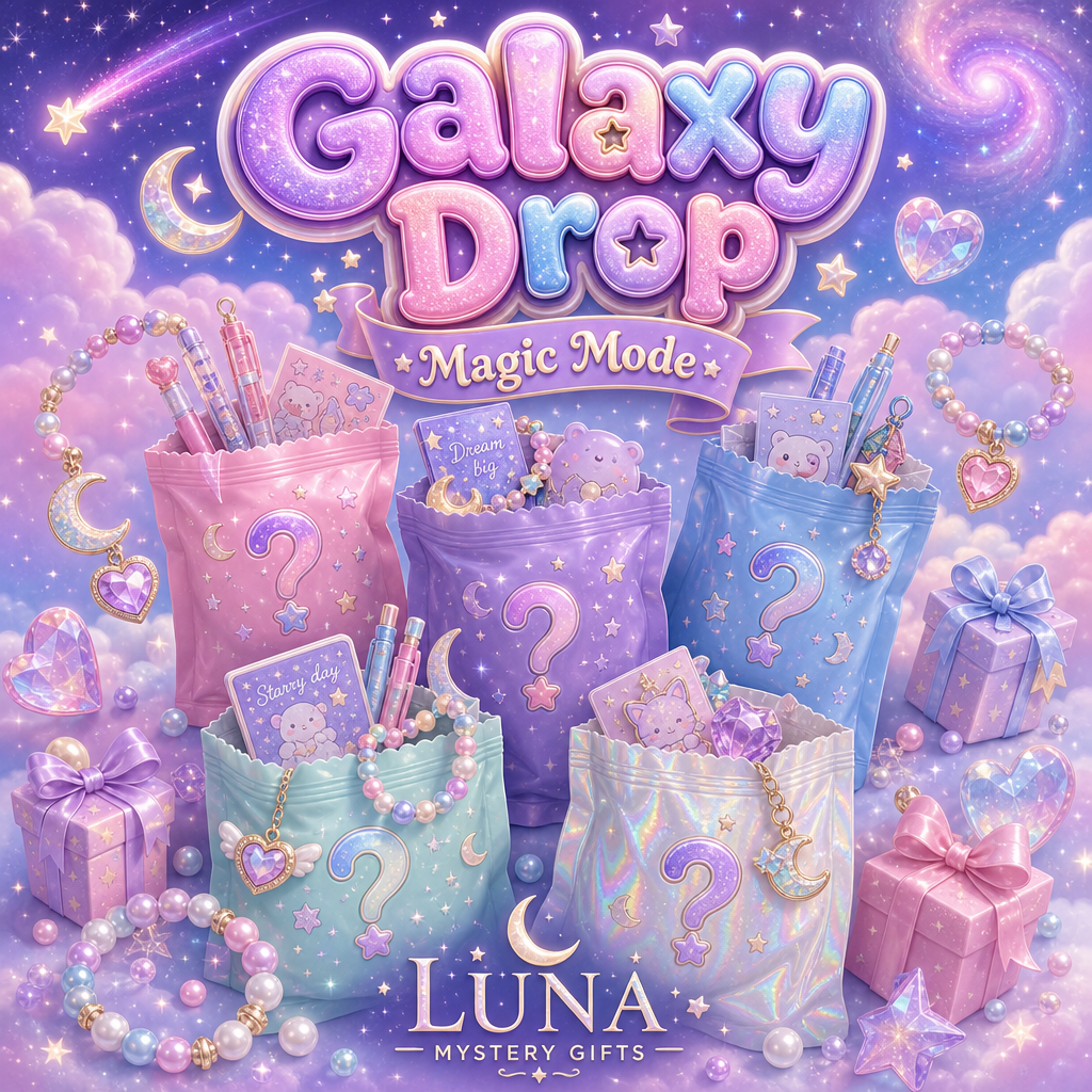 Galaxy Drop – Magic Mode hero image with pastel mystery bags, kawaii items, and cosmic charms